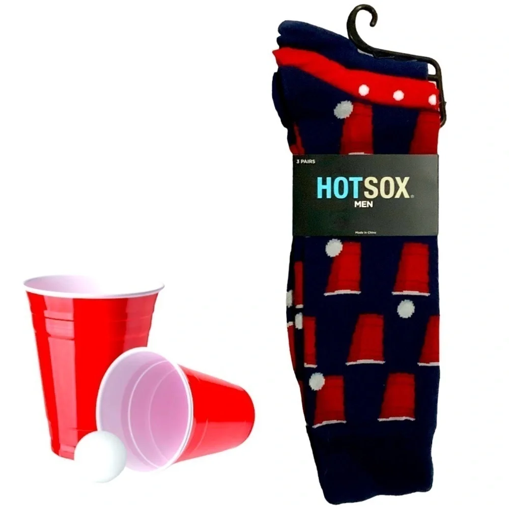 Hot Sox Beer Pong Socks 3 Pair Men’s Gift Pack Navy Red Polka Dot Size 10-13